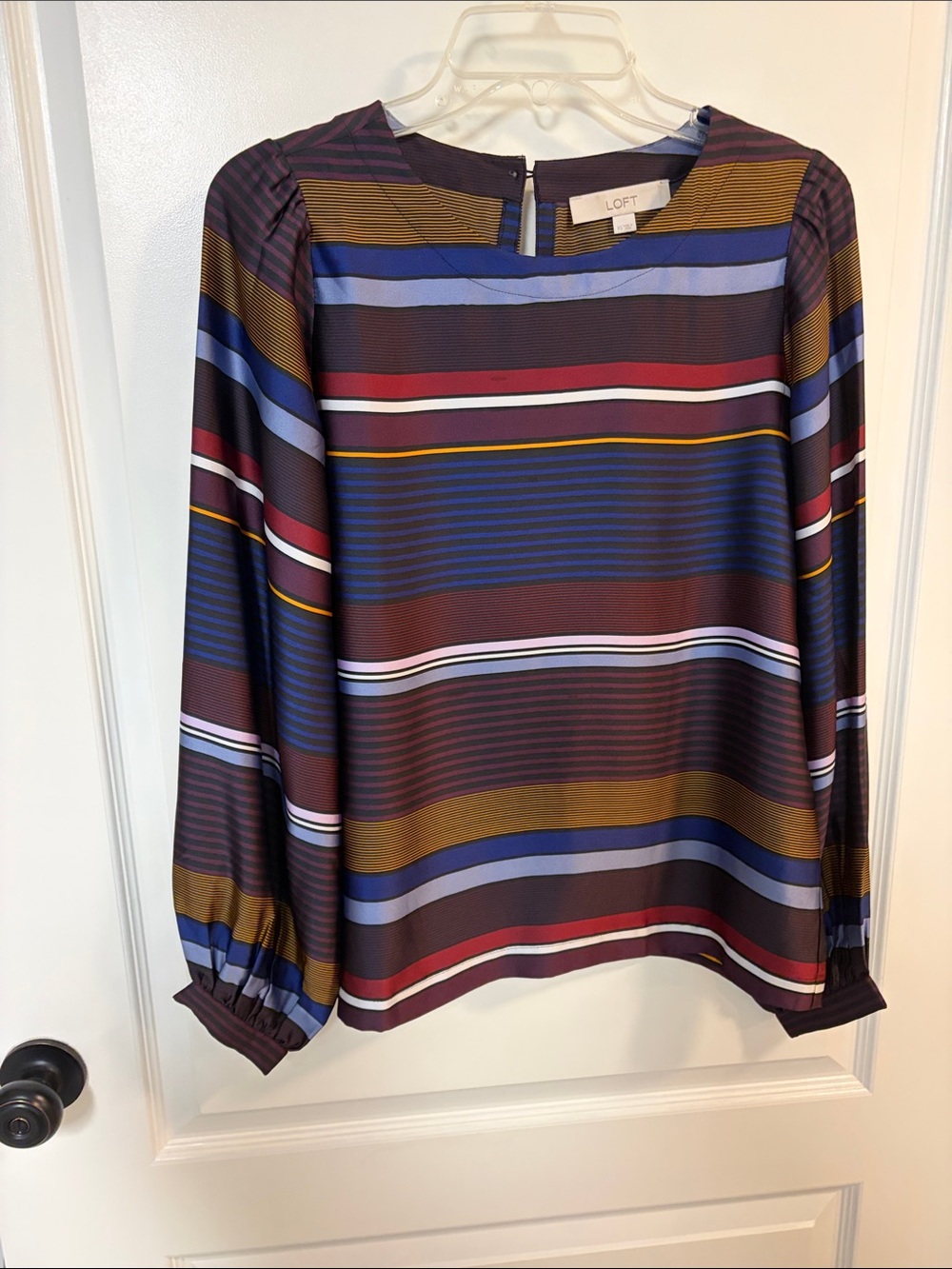 LOFT Striped Long-Sleeve Blouse in Burgundy, Blue, Mustard